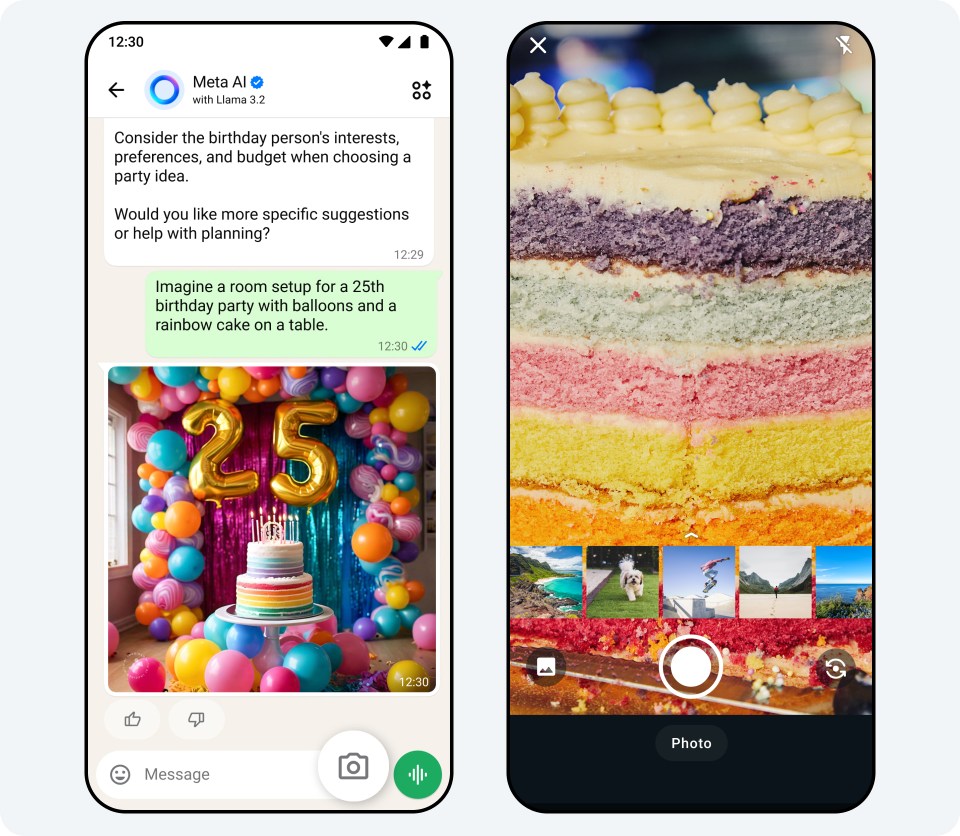 2 phone screens showing someone sending a photo in a chat with Meta AI and Meta AI answering a question about the photo
