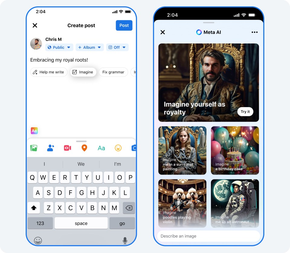 2 phone screens showing Meta AI's Imagine feature used to create a Facebook feed post