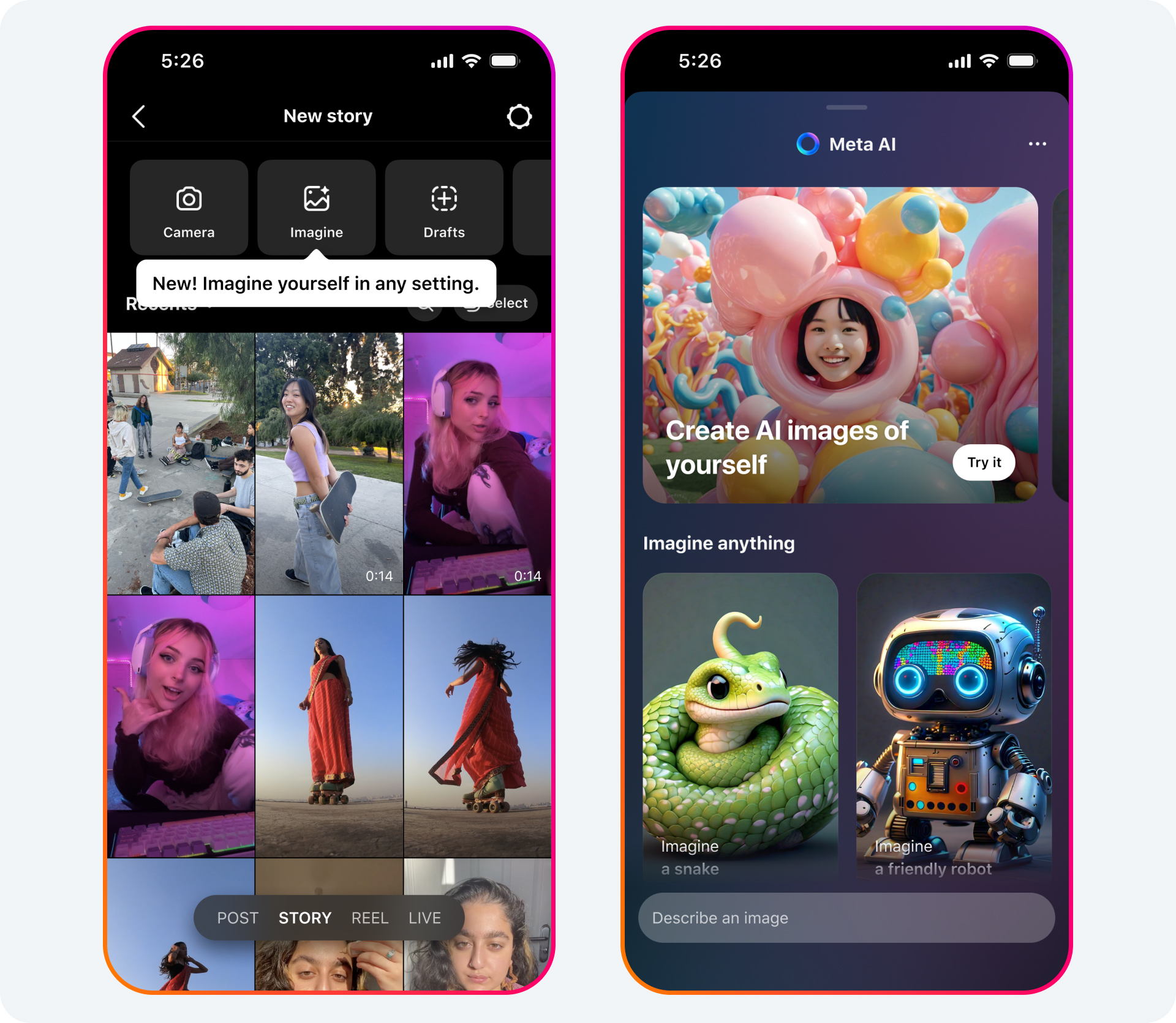 08_Imagine in stories_IG_Carousel 01 2 phone screens showing Meta AI Imagine feature on Instagram