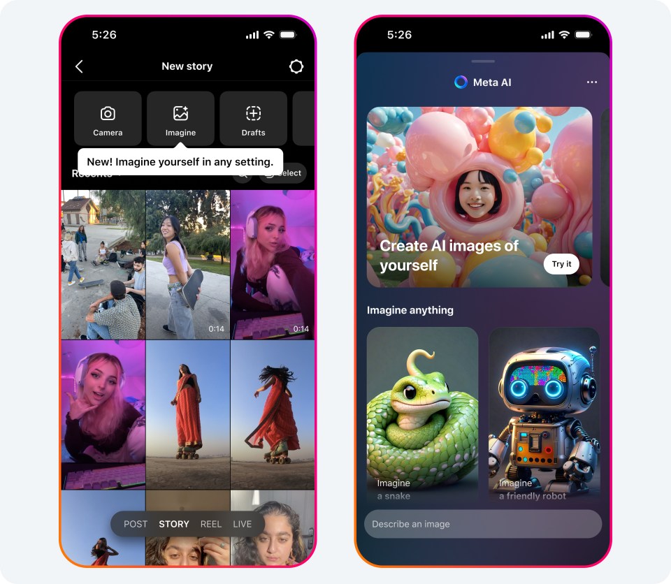 2 phone screens showing Meta AI Imagine feature on Instagram