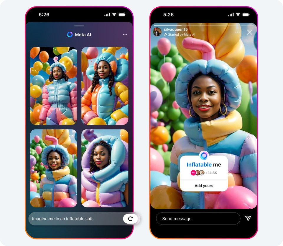 2 phone screens showing images Meta AI created from the prompt "Imagine me in an inflatable suit"