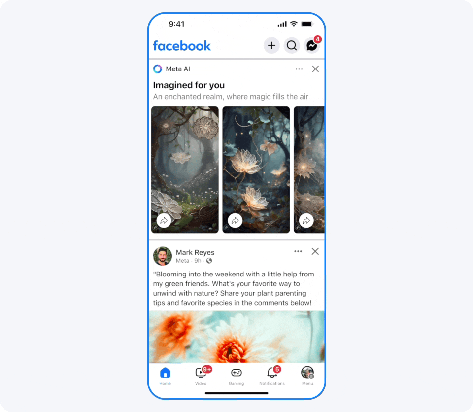 Animation showing Meta AI-created content in a Facbeook feed
