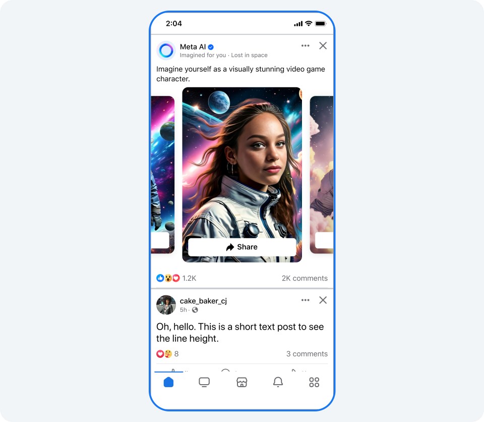 Phone screen showing examples of images Meta AI created in your Facebook feed