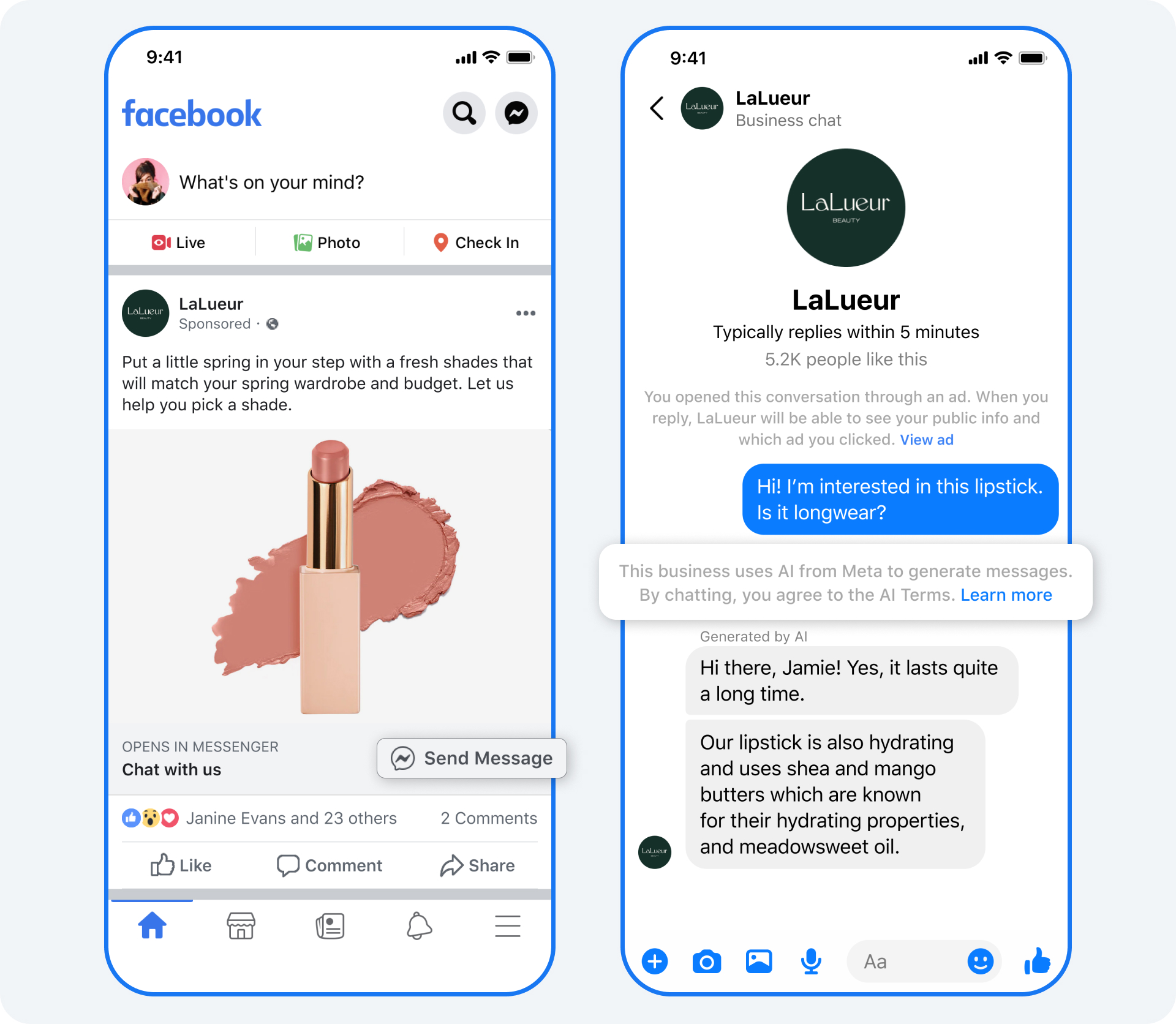 2 phone screens showing at chat with a business' AI on Facebook to get information about a product (asking if a lipstick is longwear)