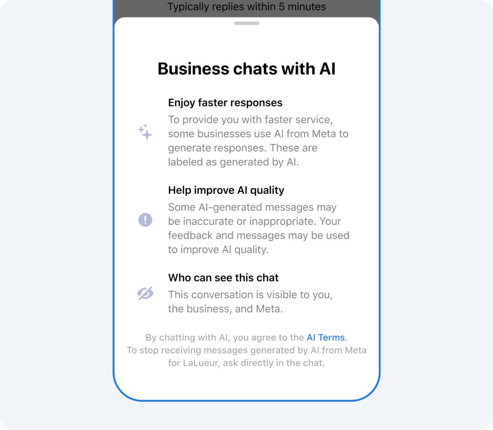 Phone screen showing information about business chats with AI