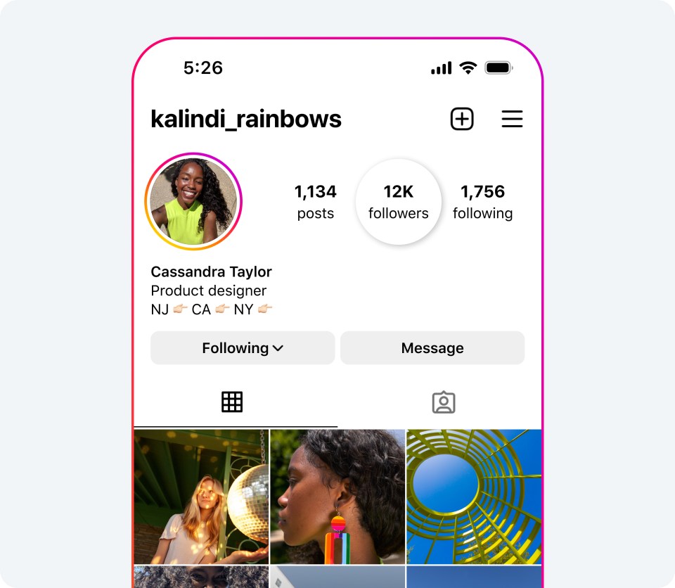 Phone screen showing Instagram account