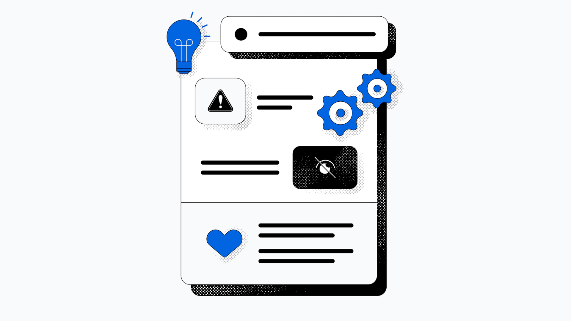 Black and white illustration showing lines of text and various symbols including a lightbulb, gears, and a heart