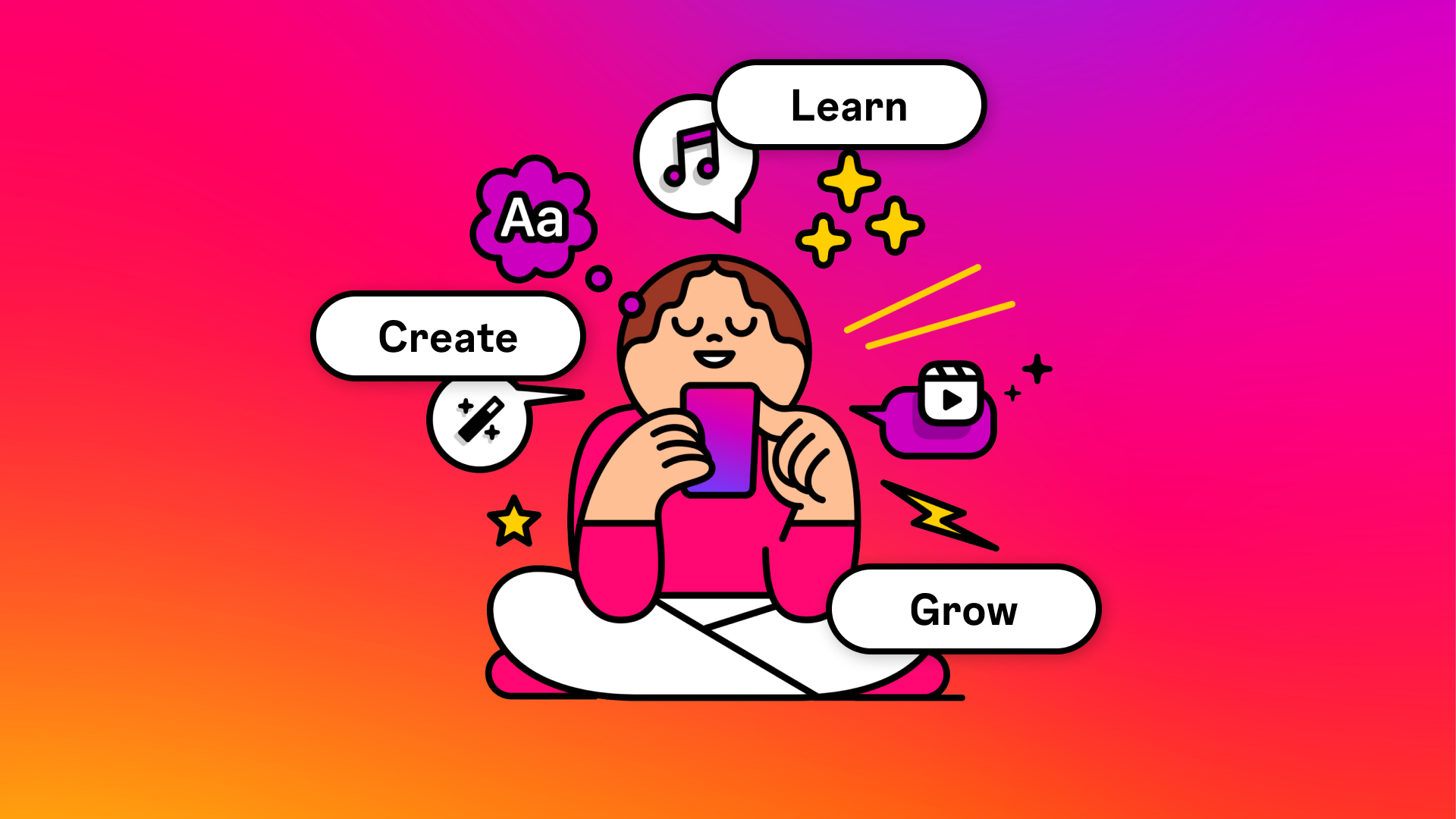 Illustration of a creator with the words learn create and grow