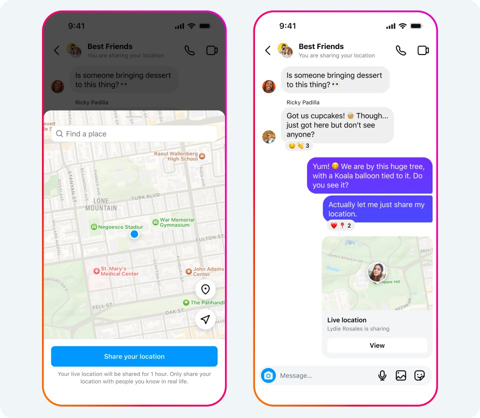 Two phones showing how to share your location in DMs, including a map and the actual pinned location in a group chat.