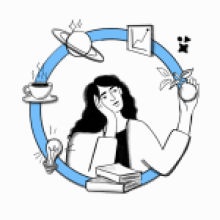 A drawing of a woman surrounded by objects/symbols of different technological functions, including a coffee cup and a light bulb