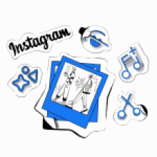 An illustration of photographs symbolizing Instagram surrounded by several symbols of different functions a user might add to their algorithm, for instance a musical note