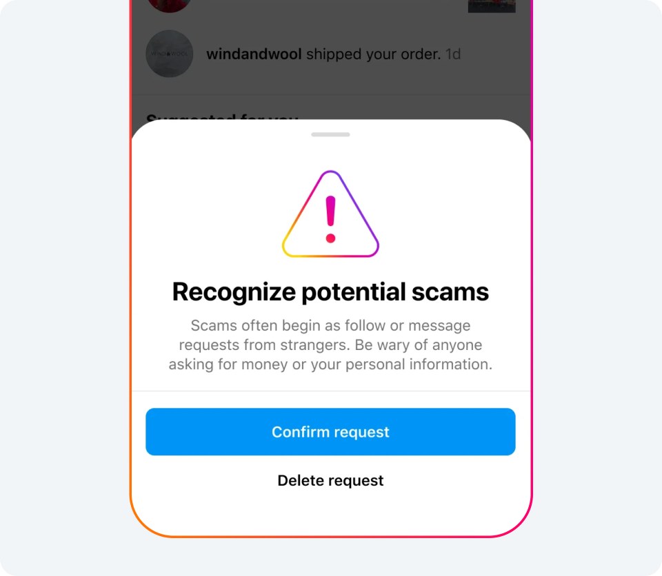 A message in Instagram warning about potential scams.