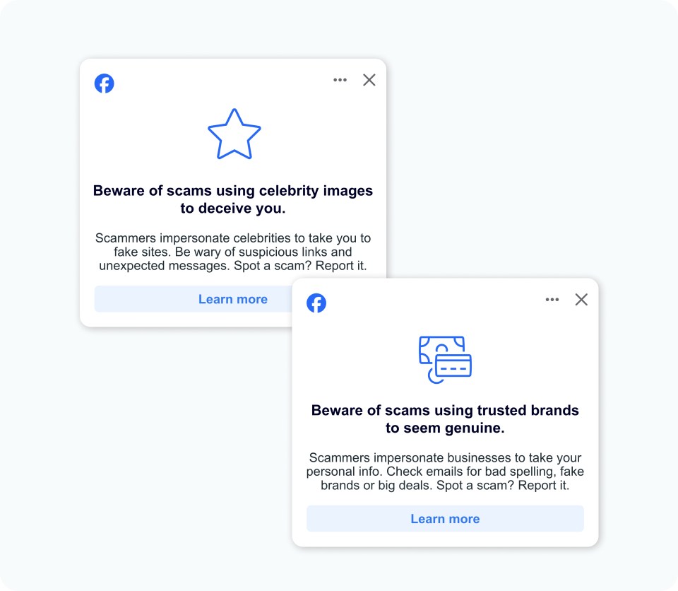 Image of Facebook alerts warning about scams