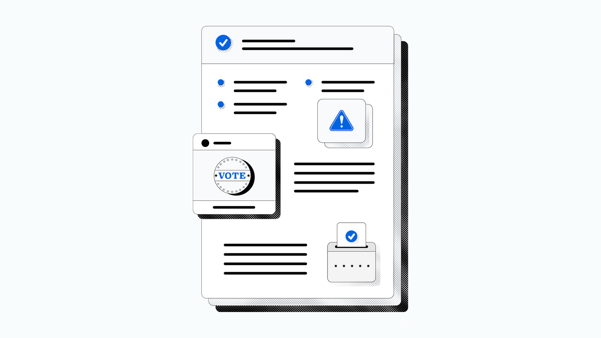 Abstract illustration featuring a voting sticker, ballot box, and caution sign