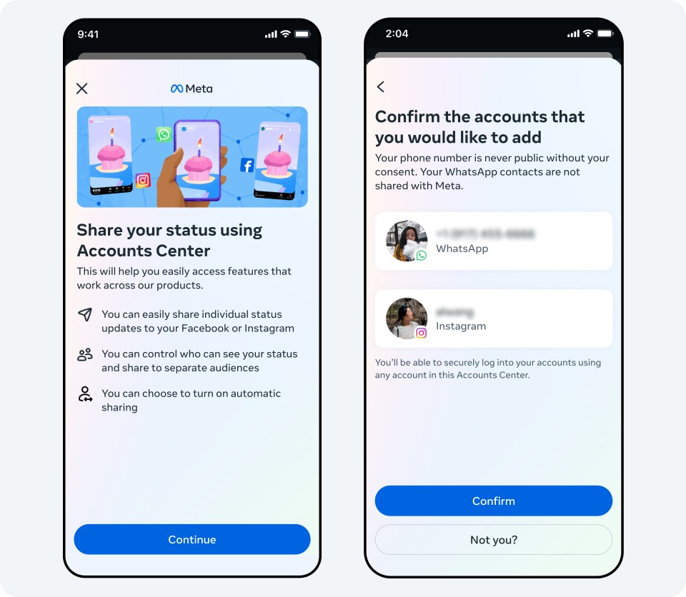 Two phone screens showing option to add accounts to Accounts Center