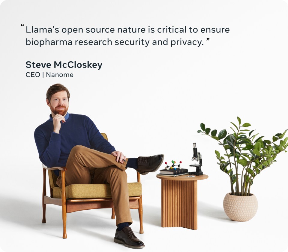 Steve McCloskey sitting in a chair with the quote "Llama's open source nature is critical to ensure biopharma research security and privacy," above him.