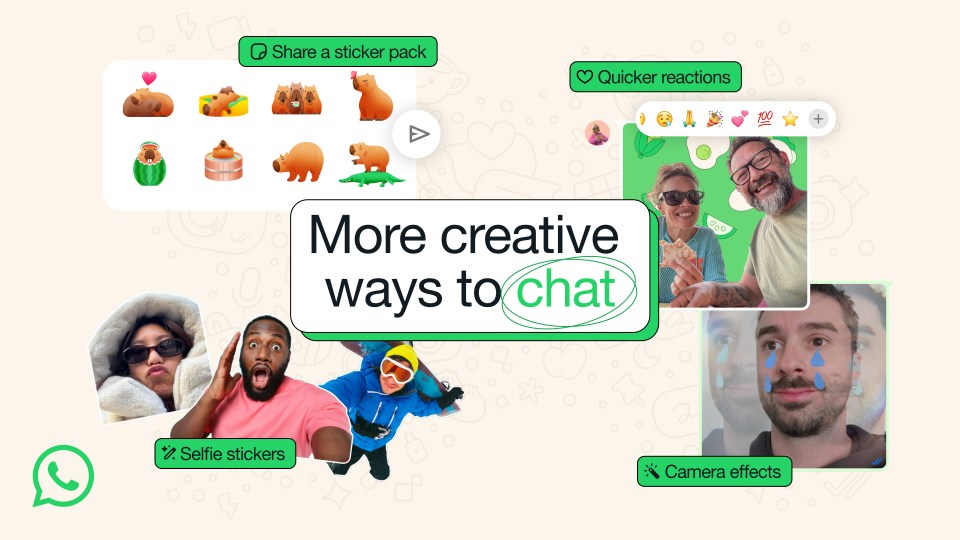 Images of new WhatsApp features, like selfie stickers and camera effects, and the text "More creative ways to chat."