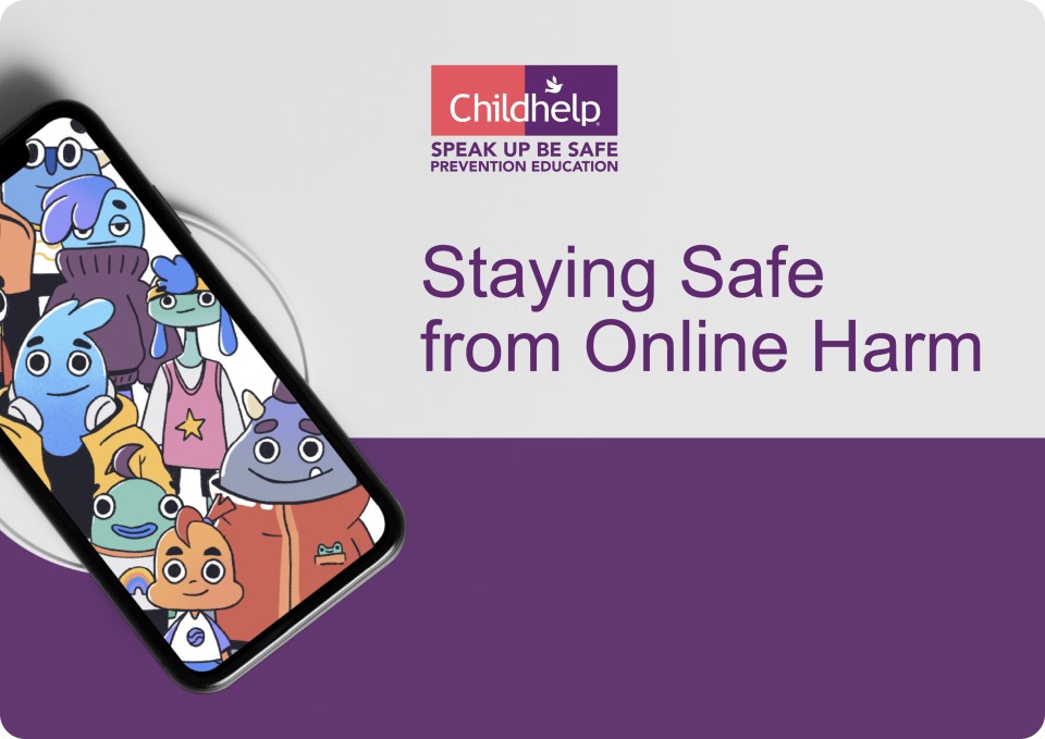 Blue-colored cartoon teenage characters in a phone with the text "Staying Safe from Online Harm"