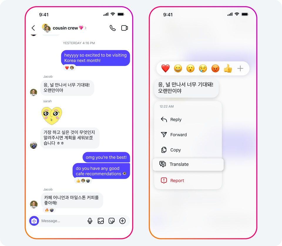 Screens showing the IG translation UI