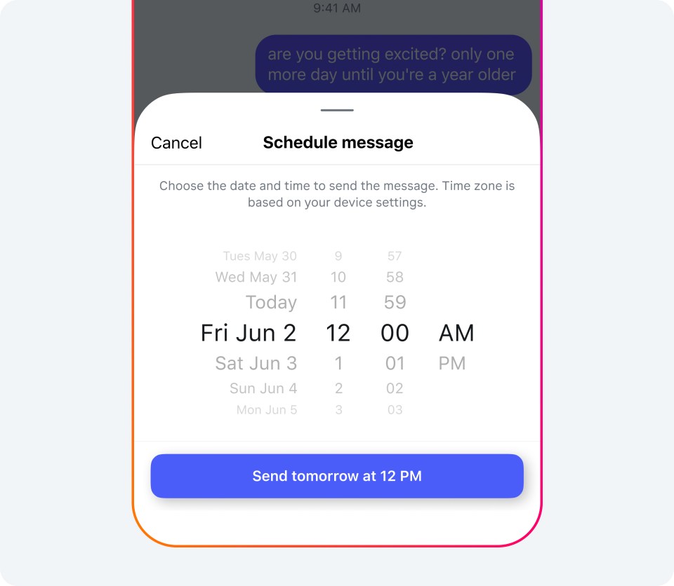 Screen showing the IG message scheduling UI