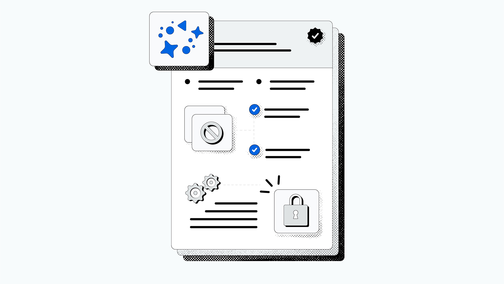 Illustration of a document with icons including a lock and gear