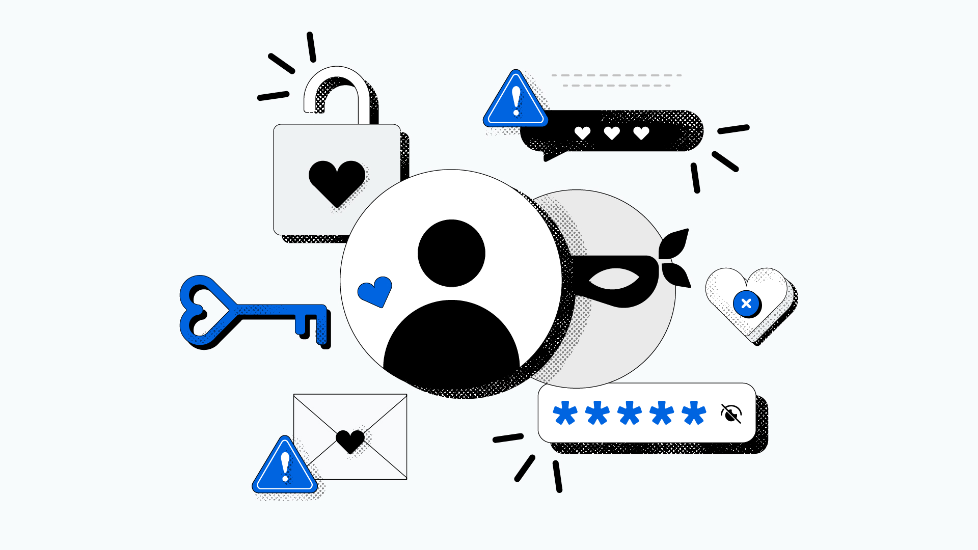 Images symbolizing romance scams, such as a bandit and a padlock with a heart on it