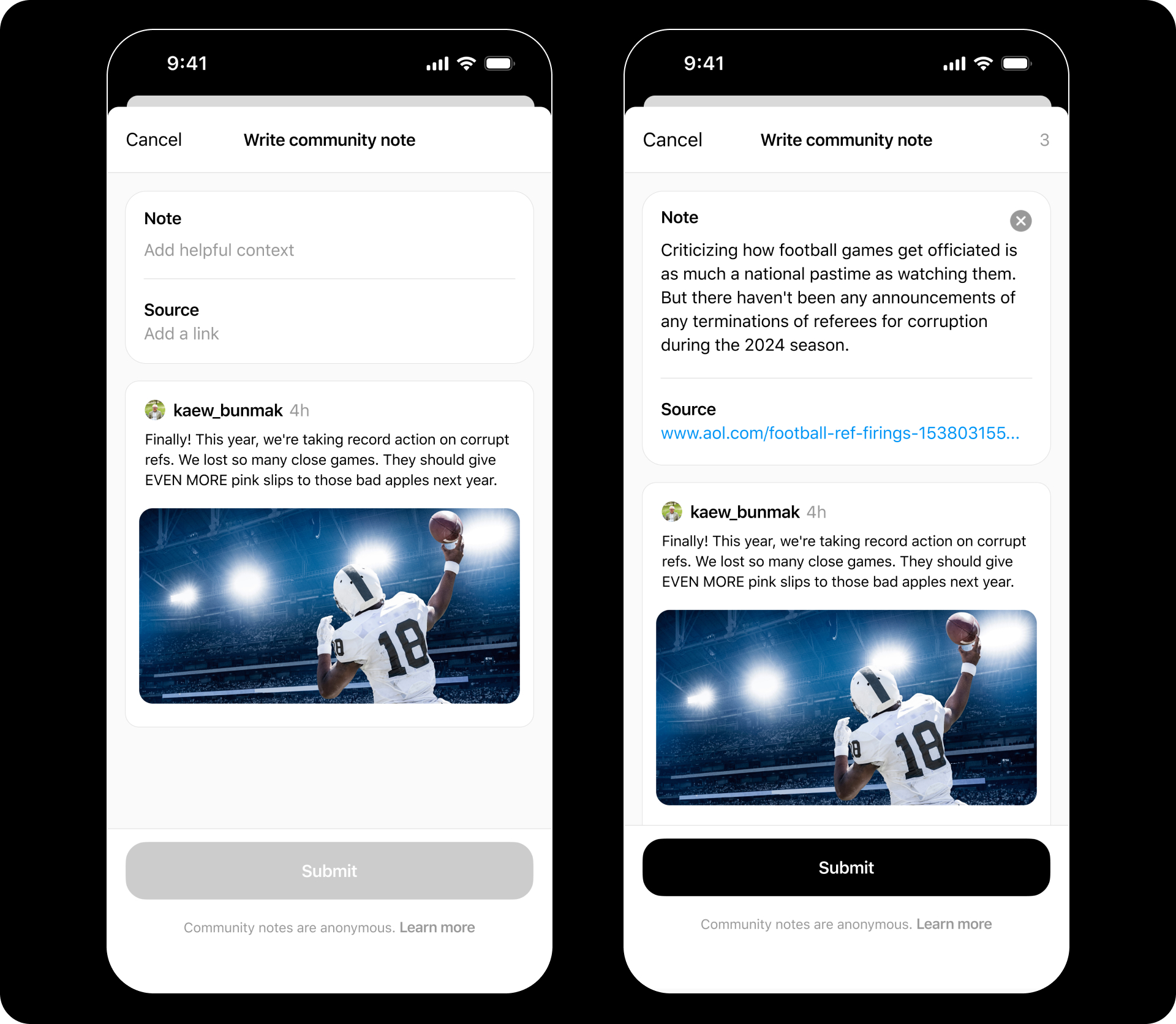 Interface de création d'une Community Note