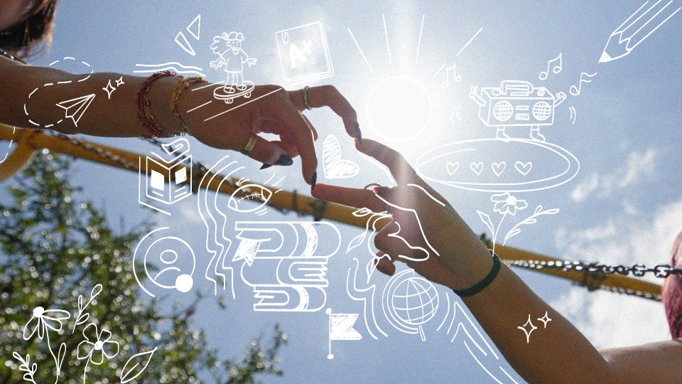 Photo of two hands forming a heart overlaid with illustrations of books, pencils, and more