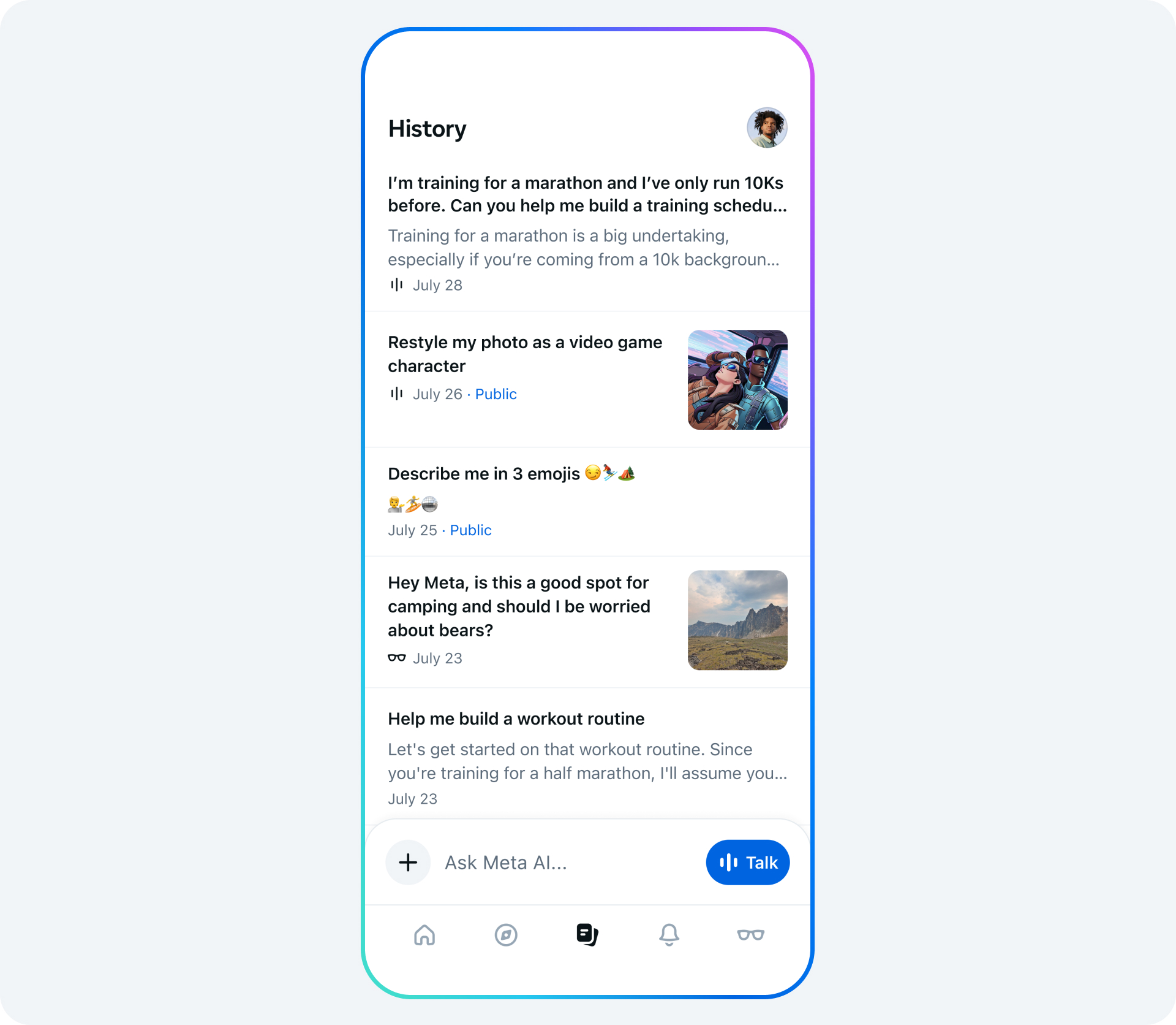 Screen showing personal history on Meta AI