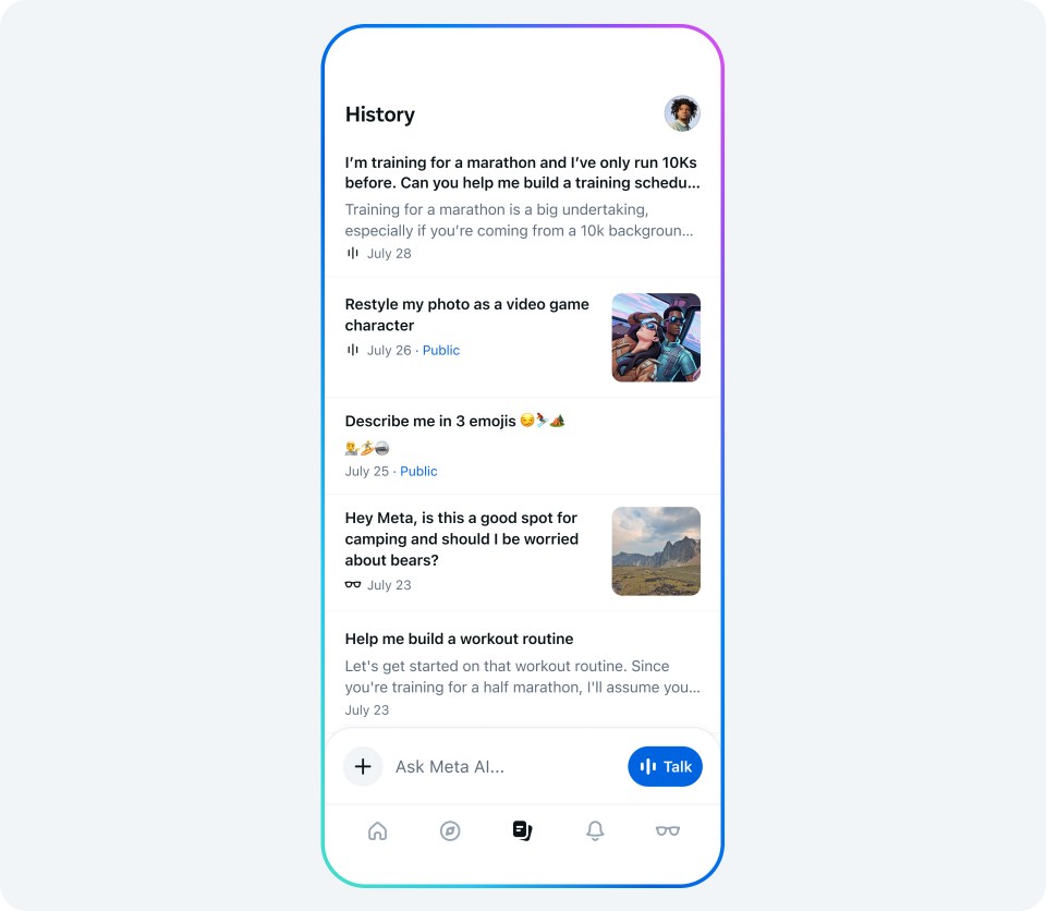 Screen showing personal history on Meta AI