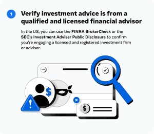 Image including collage and text advising that people verify investment advice is from a qualified advisor