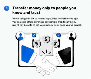 Image including collage and text advising that people only transfer money to people they know and trust