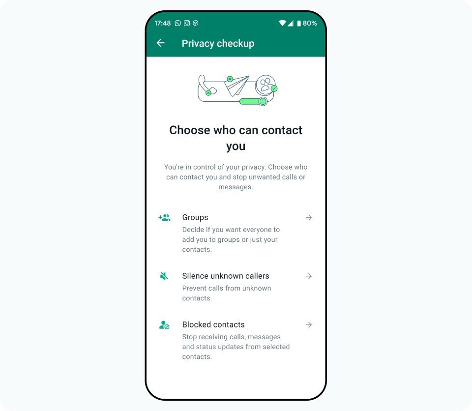 Screen showing privacy checkup in WhatsApp