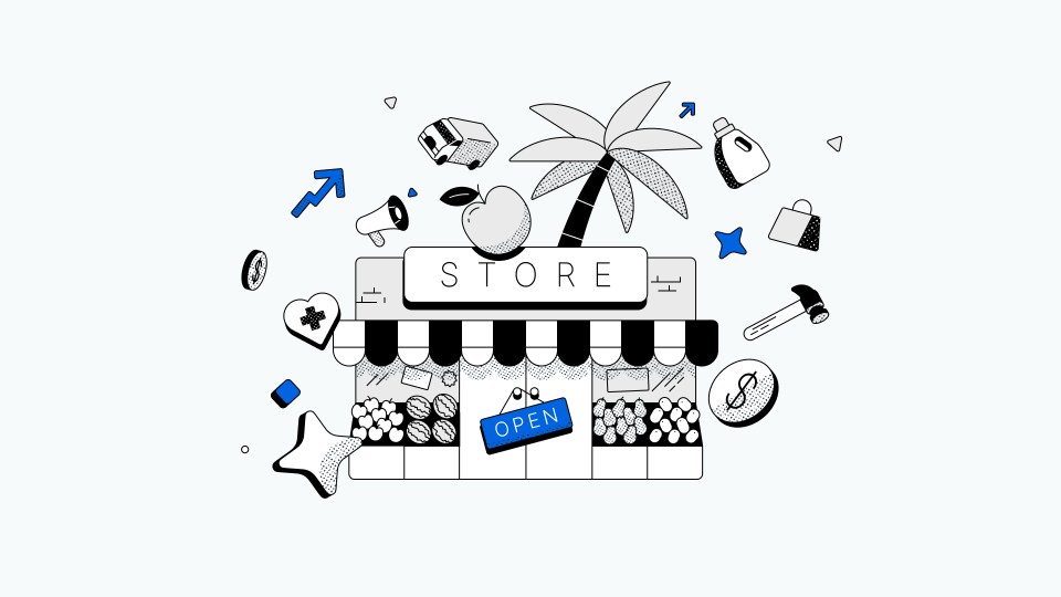 Illustration of storefront surrounded by symbols like a hammer, coin, bus and more