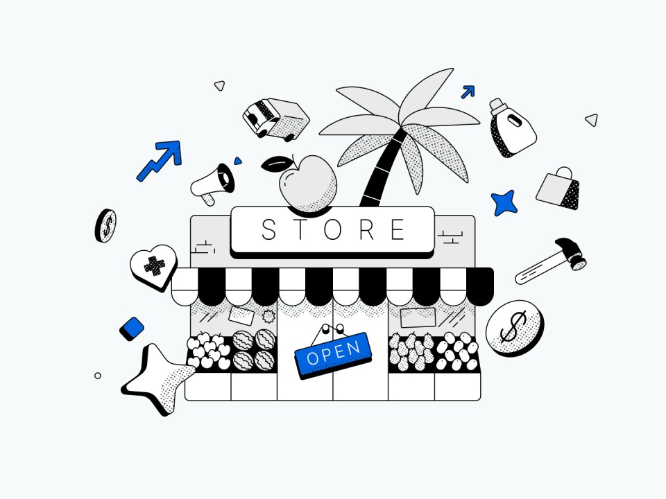 Illustration of storefront surrounded by symbols like a hammer, coin, bus and more