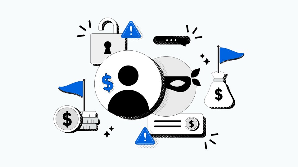 Collage of symbols that represent investment scams including a lock, mask, dollar sign and more