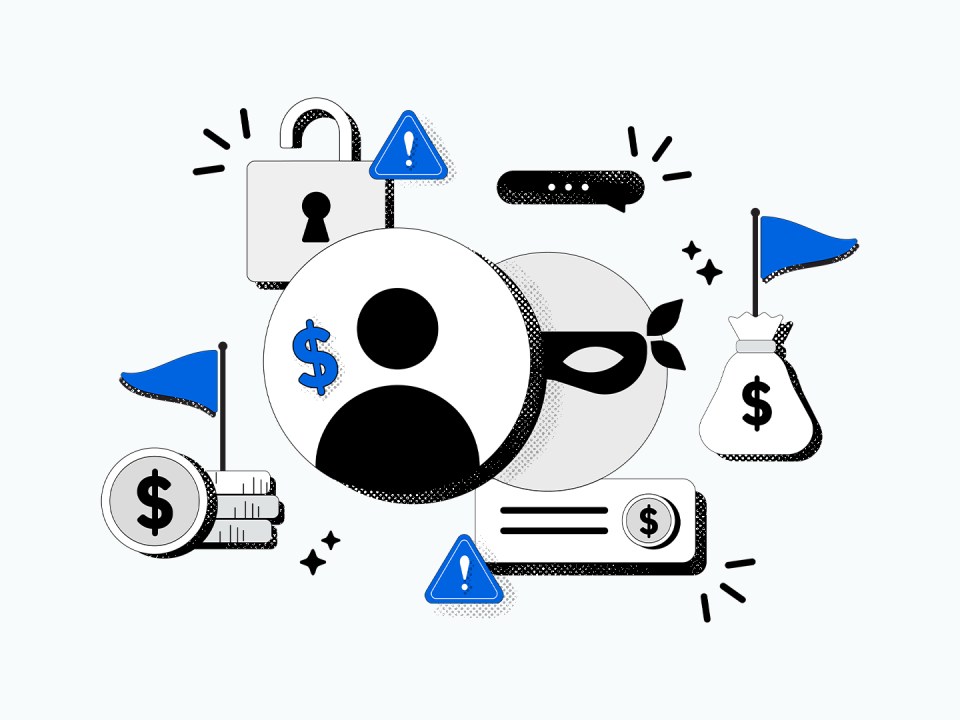 Collage of symbols that represent investment scams including a lock, mask, dollar sign and more