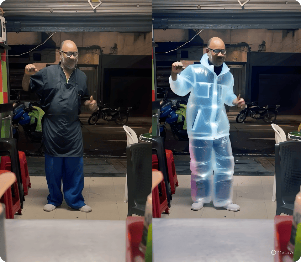 Two videos side-by-side, original video on the left, video on the right is edited use AI Video Editing tool to change man's outfit