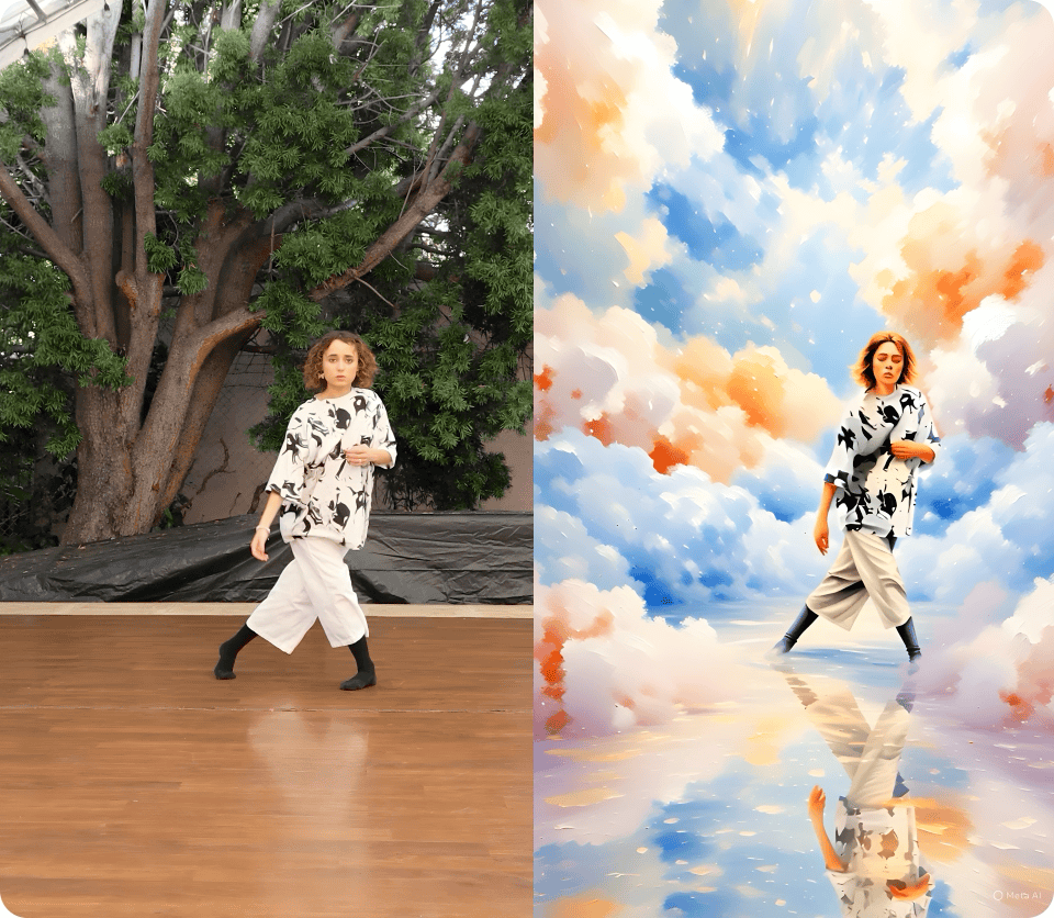 Two videos side-by-side, original video on the left, video on the right is edited using AI Video Editing tool to change person's background