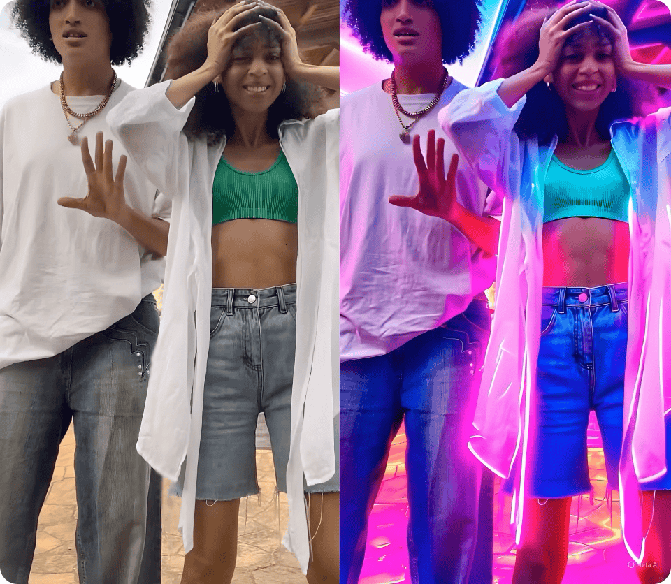 Two videos side-by-side, original video on the left, video on the right is edited using AI Video Editing tool to change video lighting to neon
