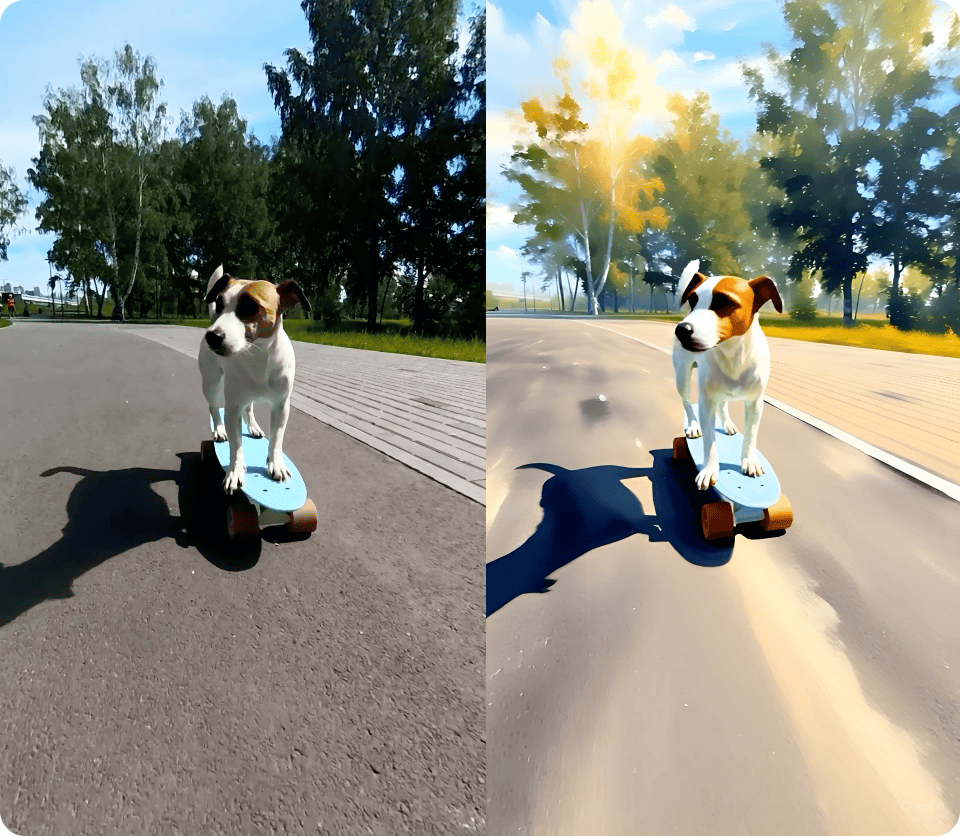 Two videos side-by-side, original video on the left, video on the right is edited using AI Video Editing tool to change style to illustration