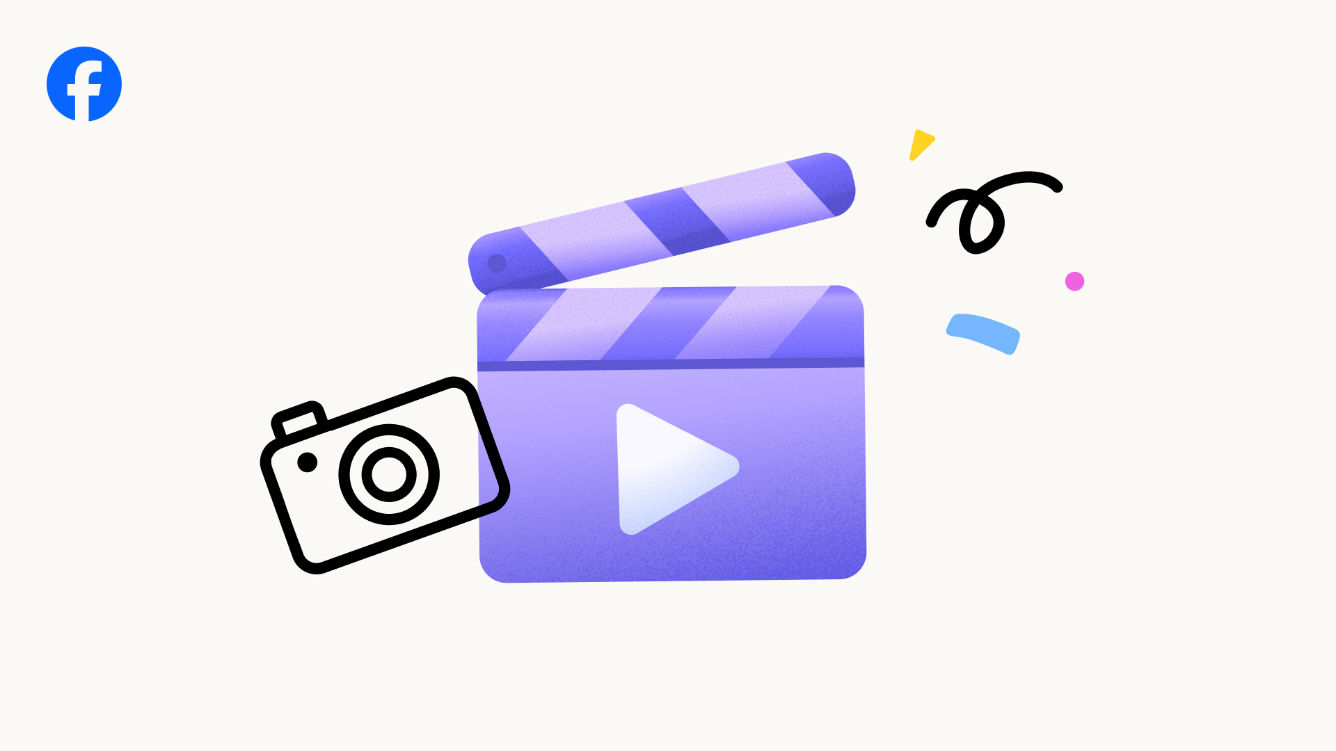 Illustration of a clapperboard, camera, Facebook logo, confetti doodles and more