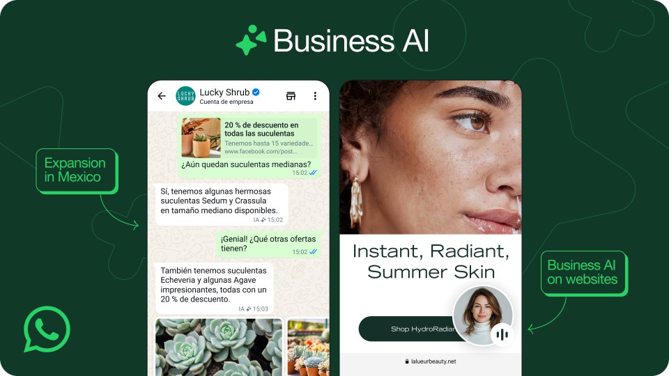 Image that reads "Business AI" and shows a collage of AI functions on WhatsApp