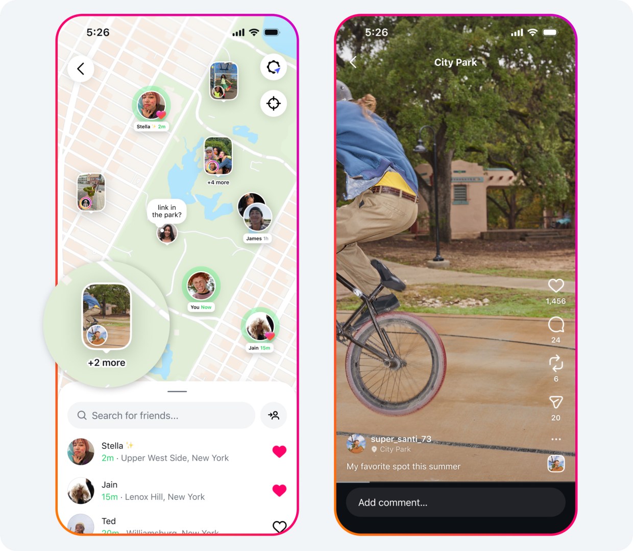 Zwei Smartphone Screenshots nebeneinander. Links: Hinweise zur Standortfreigabe mit der Option, auszuwählen, mit wem man den Standort teilen möchte. Rechts: Ansicht der Instagram Map mit Profilbildern und Standortmarkierungen. Farbverlauf im Hintergrund in Pink und Lila.