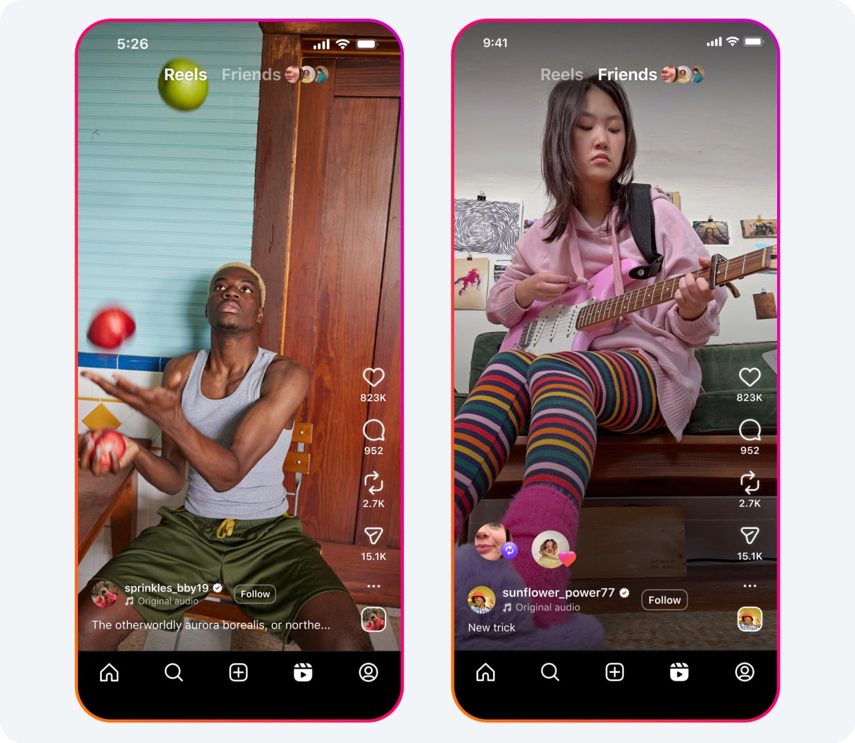 Screenshot eines Smartphones mit dem geöffneten Friends Tabs in Instagram Reels. Sichtbar sind mehrere Videos, die von Freund:innen geliked oder repostet wurden. 