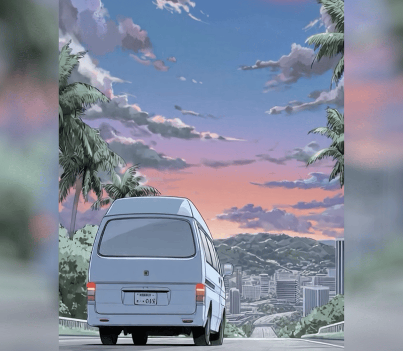 AI-generated video of a cartoon van driving through a cartoon city