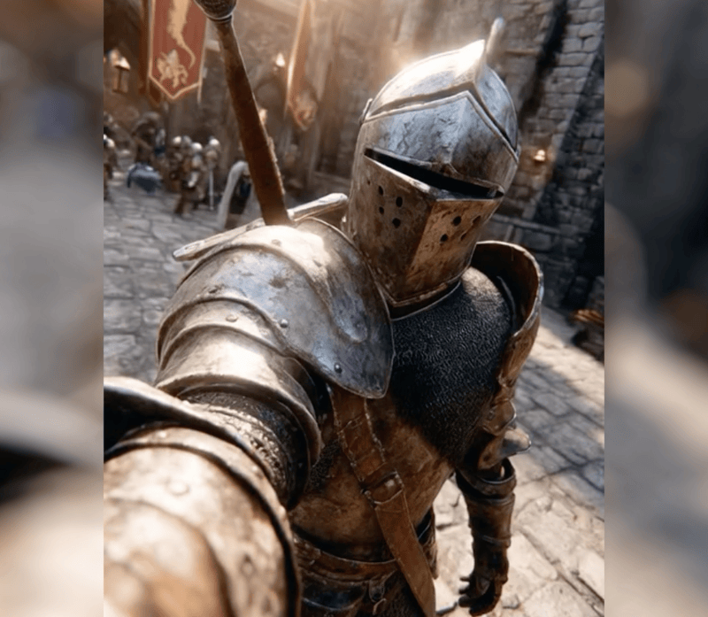 AI-generated video of a knight in a medieval setting recording himself