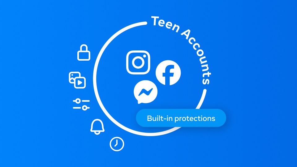 IG, Messenger, and Facebook logos surrounded by symbols, including a clock, bell and lock, that represent Teen Accounts