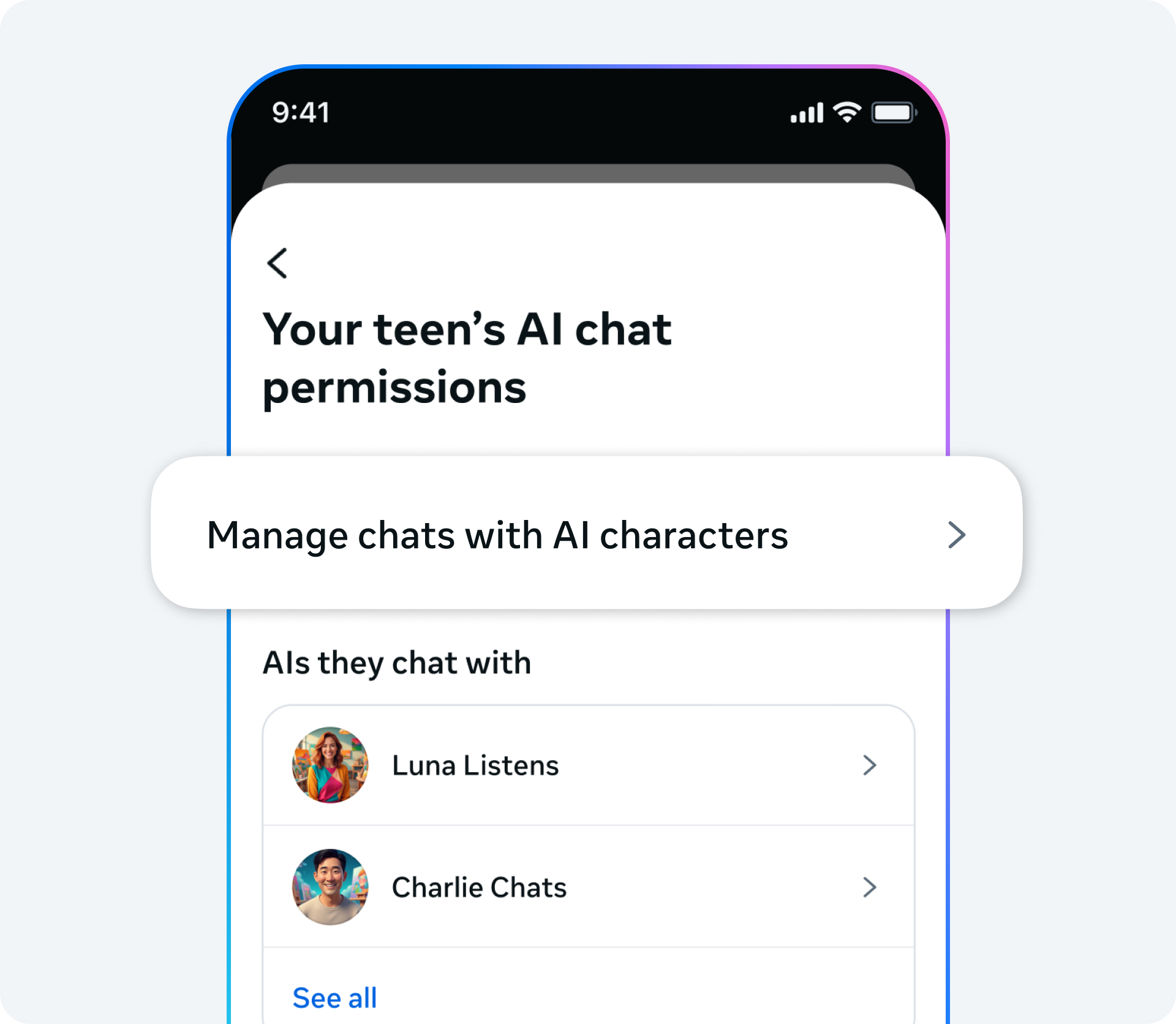 Phone screen showing UI for controlling a teen's AI chat permissions