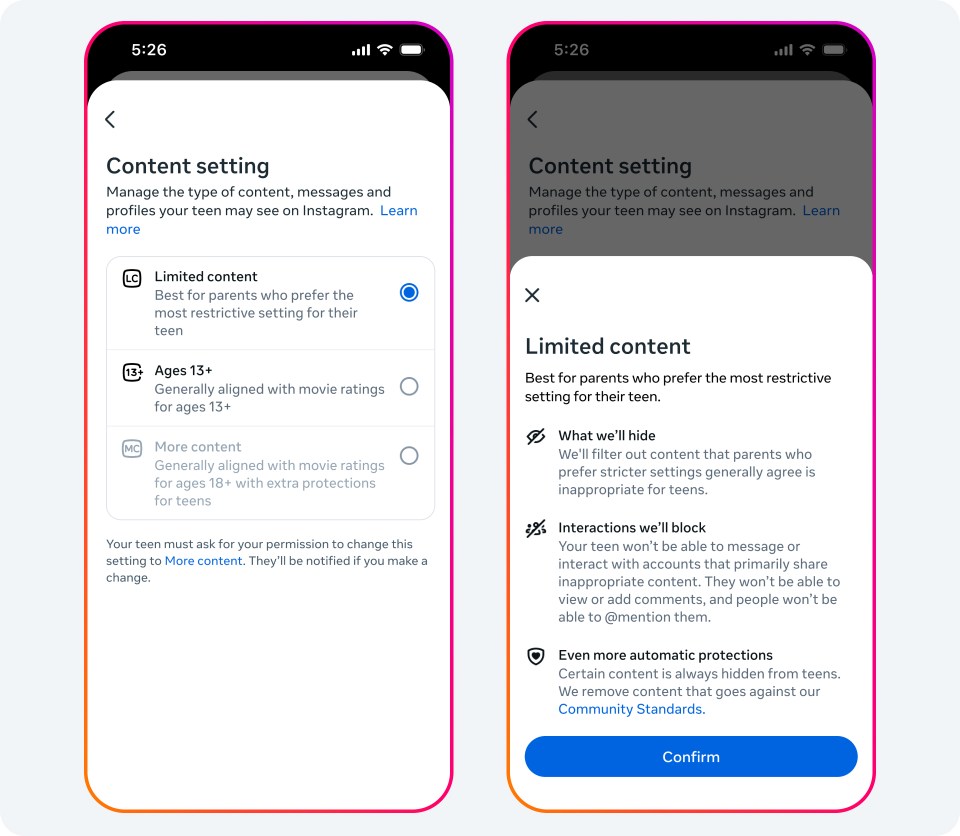 Screens showing UI for content settings